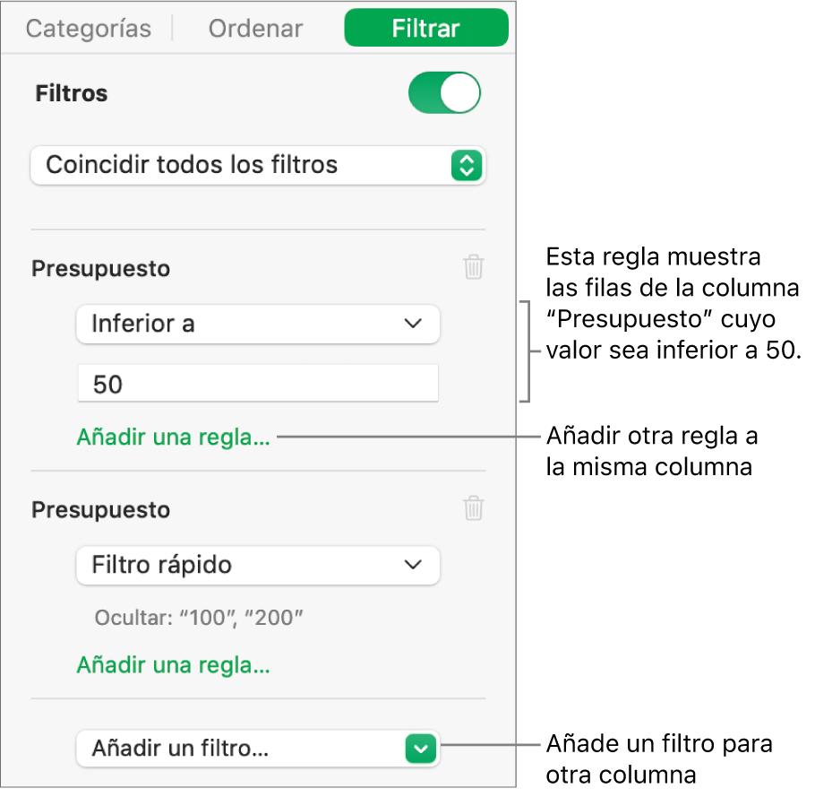 Controles para crear reglas de filtro.