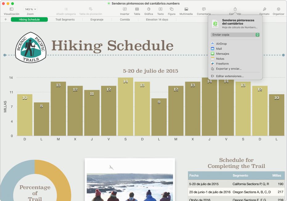 La ventana de Numbers muestra el menú Compartir con opciones para enviar una copia de la hoja de cálculo o para exportarla y enviarla con un formato diferente.