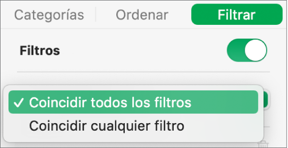 Menú desplegable para seleccionar entre mostrar las filas que coincidan con todos los filtros o con cualquiera de los filtros.