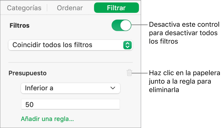 Controles para eliminar un filtro o desactivar todos los filtros.