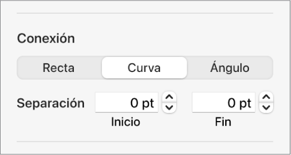 Controles de Conexión con la opción Curva seleccionada.