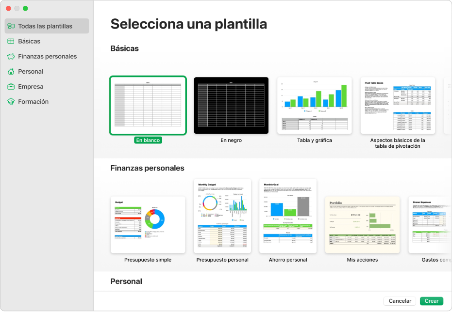 El selector de plantilla. A la izquierda aparece una barra lateral que muestra categorías de plantillas en las que puedes hacer clic para filtrar las opciones. En la parte derecha hay miniaturas de plantillas prediseñadas organizadas en filas por categorías, empezando por Básicas en la parte superior y seguida por “Finanzas personales” y Personal. En la esquina inferior derecha están los botones Cancelar y Crear.