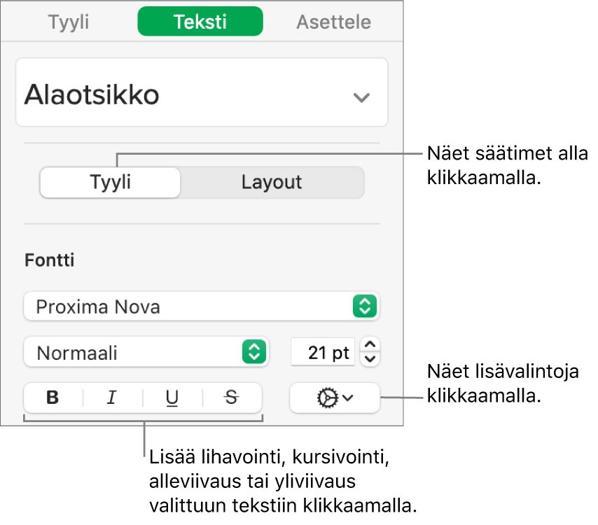 Sivupalkin Tyyli-säätimet ja selitteet Lihavoi-, Kursivoi-, Alleviivaa- ja Yliviivaa-painikkeisiin.