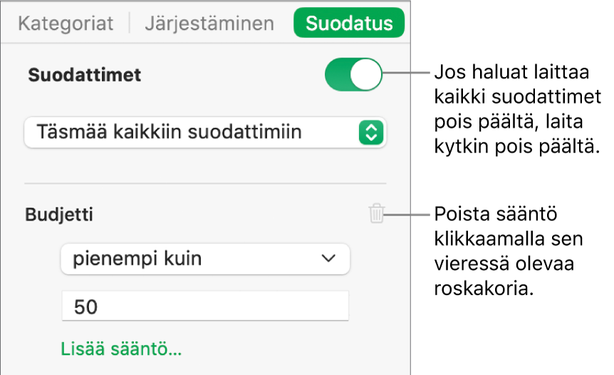 Säätimet, joiden avulla voidaan poistaa suodatin tai laittaa kaikki suodattimet pois päältä.