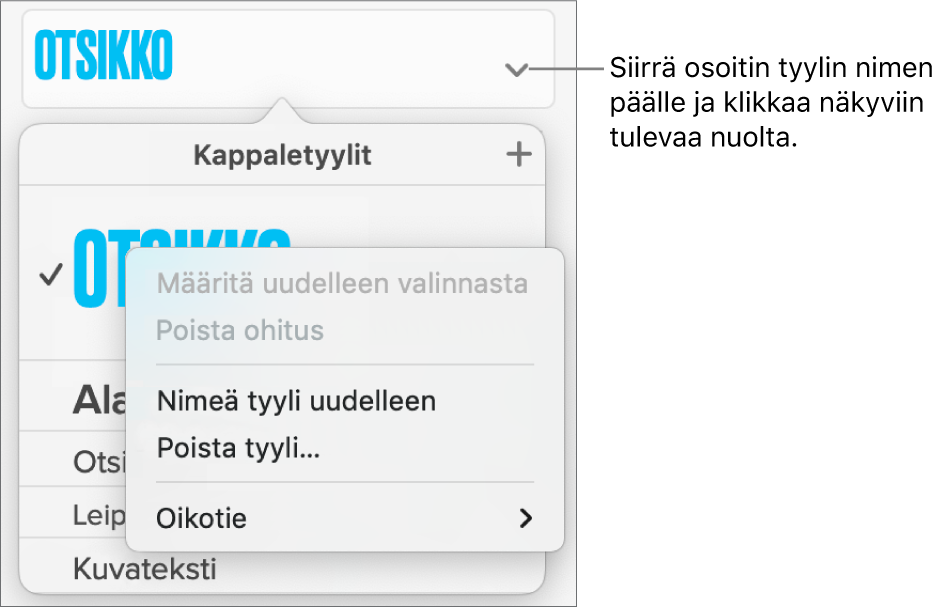 Kappaletyylit-valikko, jossa on oikotievalikko avoinna.