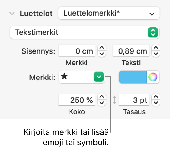 Muoto-sivupalkin Luettelot-osio. Luettelomerkki-kenttä, jossa näkyy tähtiemoji.