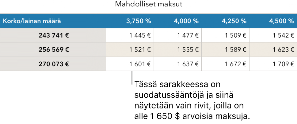 Asuntolainataulukko edullisten korkojen perusteella suodattamisen jälkeen.