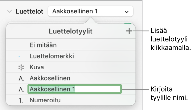 Luettelotyylit-ponnahdusvalikko, jossa oikeassa yläkulmassa on lisäyspainike ja paikanvaraajatyylin nimi, jonka teksti on valittuna.