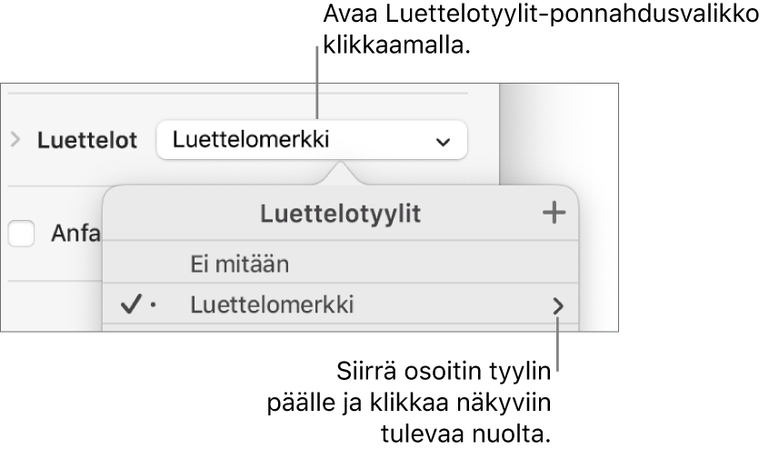 Luettelotyylit-ponnahdusvalikko, jossa on yksi tyyli valittuna ja nuoli sen oikeaan reunaan.