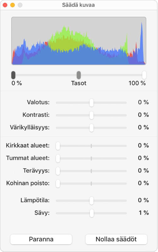 Säädä kuvaa -ikkuna, jossa on liukusäätimiä valotuksen, kontrastin, kylläisyyden, korostusten, varjojen, terävyyden, kohinan poiston, lämpötilan ja sävyn asettamiseen.