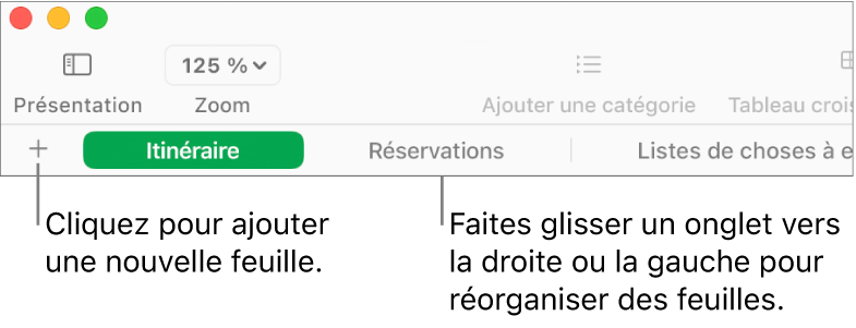 Barre des onglets pour ajouter une feuille et réorganiser les feuilles.