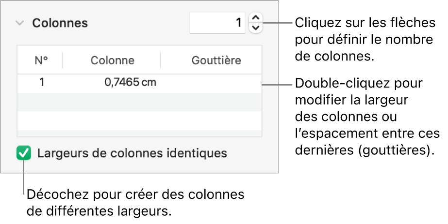 Commandes de la section Colonnes permettant de modifier le nombre de colonnes et leurs largeurs.