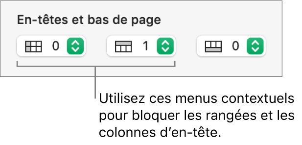 Menus contextuels permettant d’ajouter des colonnes et rangées d’en-tête et de bas de tableau, et de bloquer les rangées et colonnes d’en-tête