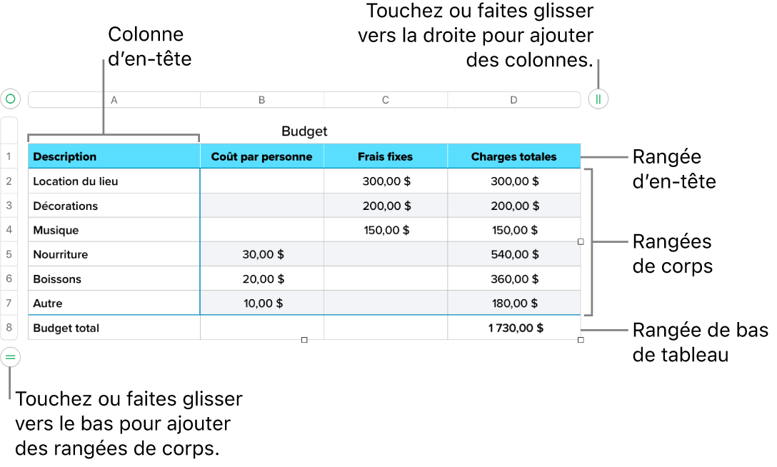 Tableau affichant des rangées et des colonnes d’en-tête, de corps et de bas de tableau, et poignées pour ajouter ou supprimer des rangées ou des colonnes.