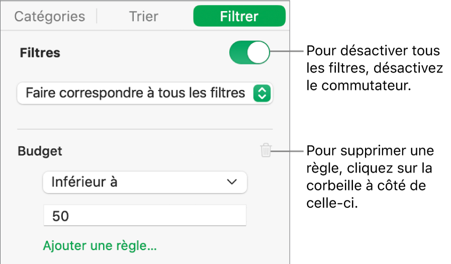 Commandes de suppression d’un filtre ou de désactivation de tous les filtres.