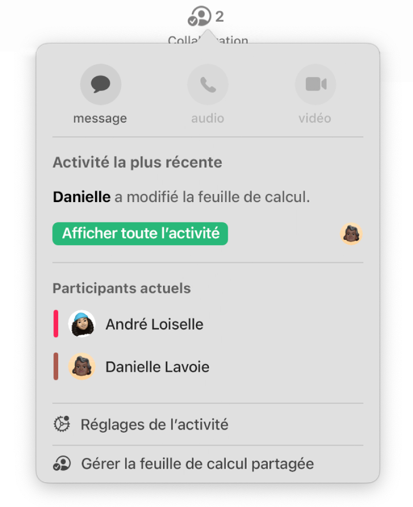 Le menu de collaboration affiche les noms des personnes qui collaborent dans la feuille de calcul.