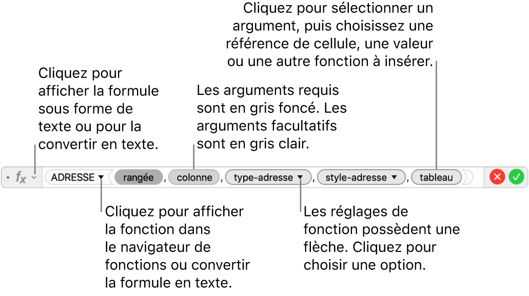 L’éditeur de formules affichant la fonction ADRESSE et les jetons de ses arguments.