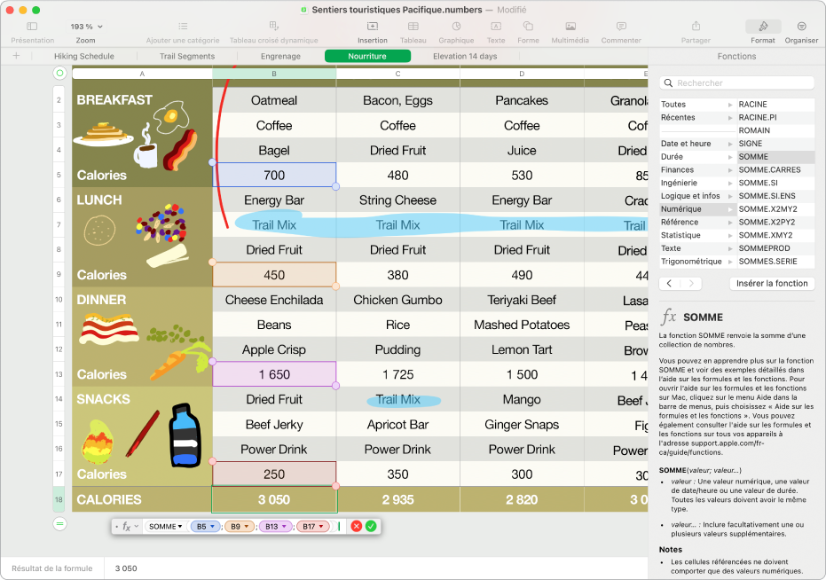 La fenêtre Numbers affichant une cellule sélectionnée. La cellule sélectionnée contient les résultats de la formule et, sous la cellule, l’éditeur de formules montre la formule complète. Les valeurs utilisées dans la formule sont surlignées et la barre latérale est ouverte, affichant l’aide sur les formules et fonctions.