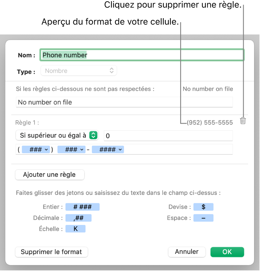 Format de cellule numérique personnalisé avec des règles.