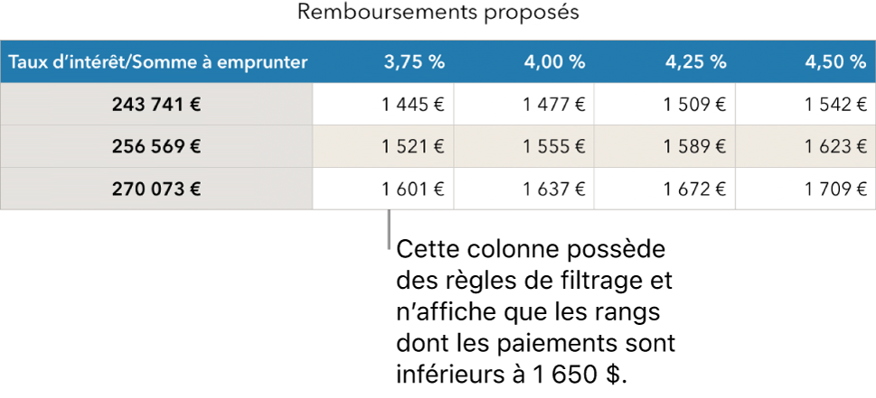 Un tableau d’emprunt après le tri en fonction des taux d’intérêt abordables.