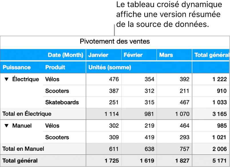 Un tableau croisé dynamique présentant des données synthétisées ainsi que des commandes pour afficher certaines données.