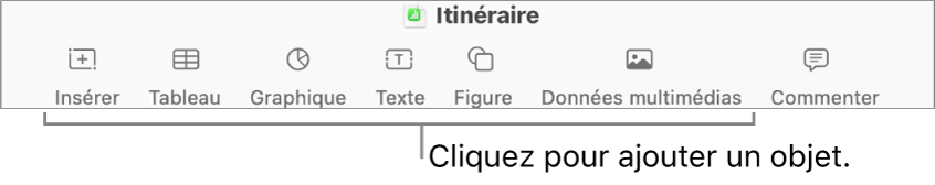 La barre d’outils Numbers avec les boutons Insérer, Tableau, Graphique, Texte, Figure et Données multimédias.