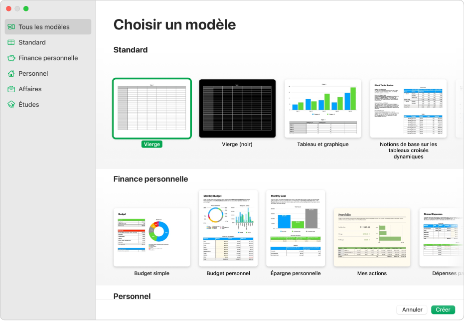 Liste de modèles. La barre latérale située à gauche présente des catégories de modèle sur lesquelles vous pouvez cliquer pour filtrer les options. Vous trouverez à droite les vignettes des modèles prédéfinis disposées en rangs par catégorie, en commençant par Récents en haut, puis Standard et « Finance personnelle ». Le menu local « Langue et région » se trouve dans le coin inférieur gauche et les boutons Créer et Annuler sont dans le coin inférieur droit.