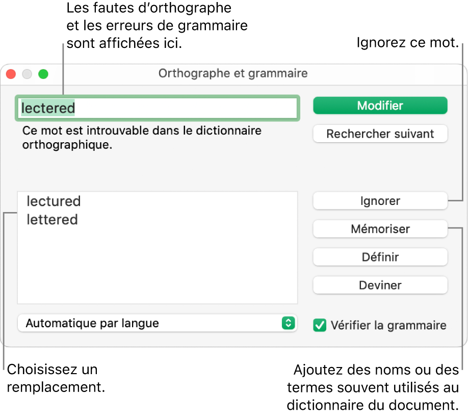 La fenêtre Orthographe et grammaire.