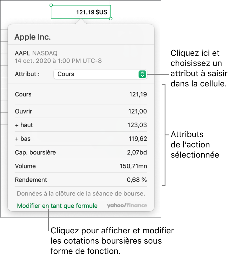 Zone de dialogue dans laquelle saisir des informations sur l’attribut de l’action, Apple étant l’action sélectionnée.