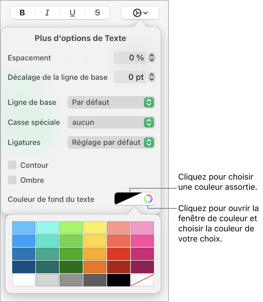 Commandes de sélection de remplissage de caractères.