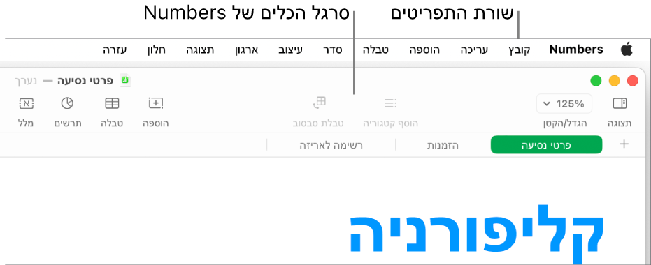 שורת התפריטים בראש המסך עם התפריטים Apple‏, Numbers, ״קובץ״, ״עריכה״, ״הכנס״, ״טבלה״, ״ארגן״, ״עיצוב״, ״ארגון״, ״תצוגה״, ״חלון״ ו״עזרה״. מתחת לשורת התפריטים ישנו גיליון עבודה פתוח של Numbers עם כפתורי סרגלי כלים לאורך החלק העליון עבור ״תצוגה״, ״הגדלה/הקטנה״, ״הוסף קטגוריה״, ״טבלת סבסוב״, ״הכנס״, ״טבלה״, ״תרשים״ ו״מלל״.