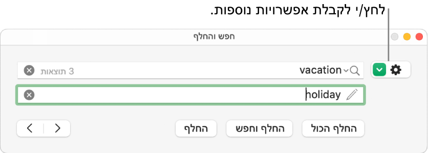 חלון ״חפש והחלף״ עם הסבר לגבי הכפתור להצגת אפשרויות נוספות.