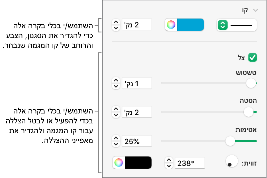 כלי הבקרה בסרגל הצד המיועדים לשינוי המראה של קווי מגמה.