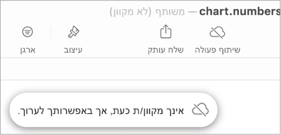 התראה על המסך עם הכיתוב ״ניתן לערוך למרות שהמכשיר שלך לא מחובר לאינטרנט״.
