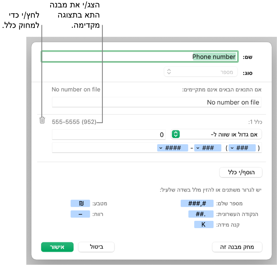 מבנה תא מספר מותאם אישית עם כללים.