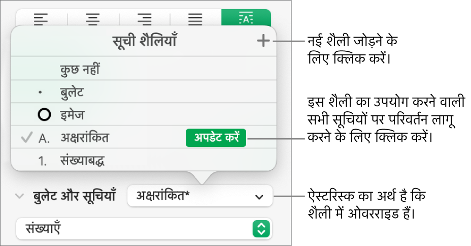 शैलियाँ प्रबंधित करने के लिए “नई शैली” बटन के लिए ओवरराइड तथा कॉलआउट इंगित करने वाला ऐस्टरिस्क दिखाता “सूची शैलियाँ” पॉपअप मेनू।