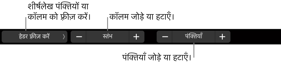 MacBook Pro Touch Bar हेडर पंक्तियों या कॉलम को फ़्रीज़ करने, कॉलम जोड़ने या हटाने और पंक्तियाँ जोड़ने या हटाने वाले नियंत्रणों के साथ।