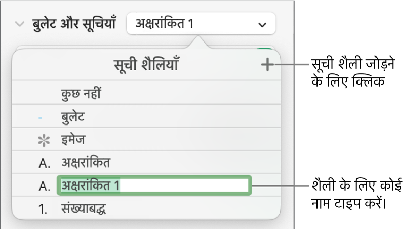 शीर्ष-दाएँ कोने में “जोड़ें” बटन के साथ “सूची शैली” मेनू और अपने चुने गए टेक्स्ट के साथ एक प्लेसहोल्डर शैली नाम।