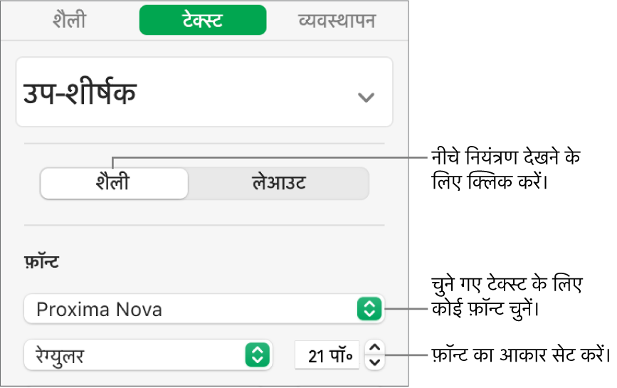 फ़ॉन्ट तथा फ़ॉन्ट आकार सेट करने के लिए “फ़ॉर्मैट” साइडबार के शैली सेक्शन के टेक्स्ट नियंत्रण।