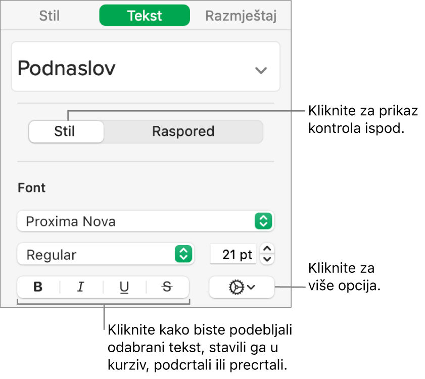 Kontrole Stila u rubnom stupcu s balončićima za tipke Podebljano, Kurziv, Podcrtano i Precrtano.