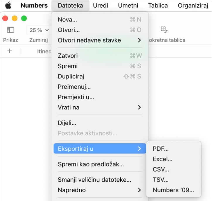 Izbornik Datoteka otvoren s odabranom opcijom Eksportiraj u, te s podizbornikom u kojem se prikazuju mogućnosti eksportiranja za formate PDF, Excel, CSV i Numbers ’09.