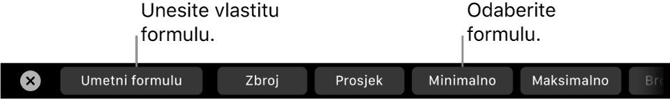 MacBook Pro Touch Bar s kontrolama za umetanje vaše vlastite formule i odabir uobičajeno korištene formule.
