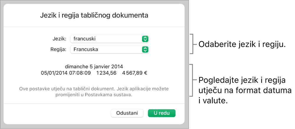 Prozor Jezik i regija s kontrolama za jezik i regiju te primjer formatiranja uključujući datum, vrijeme, decimalu i valutu.