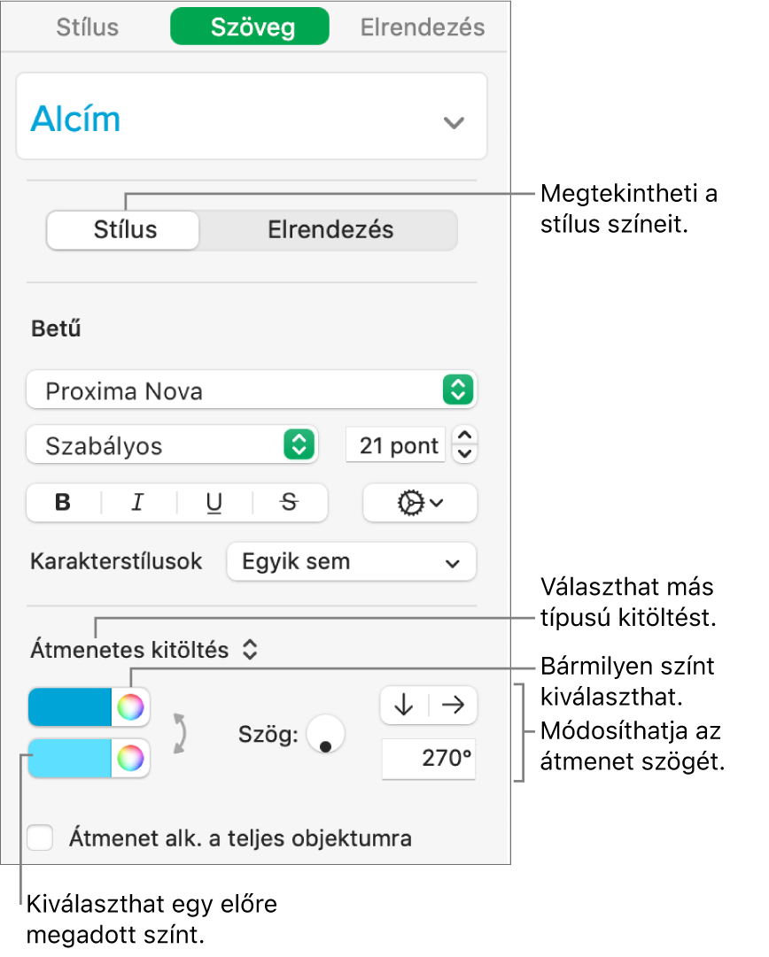 Szöveg oldalsáv, amelyen a szöveg színének módosítása látható.