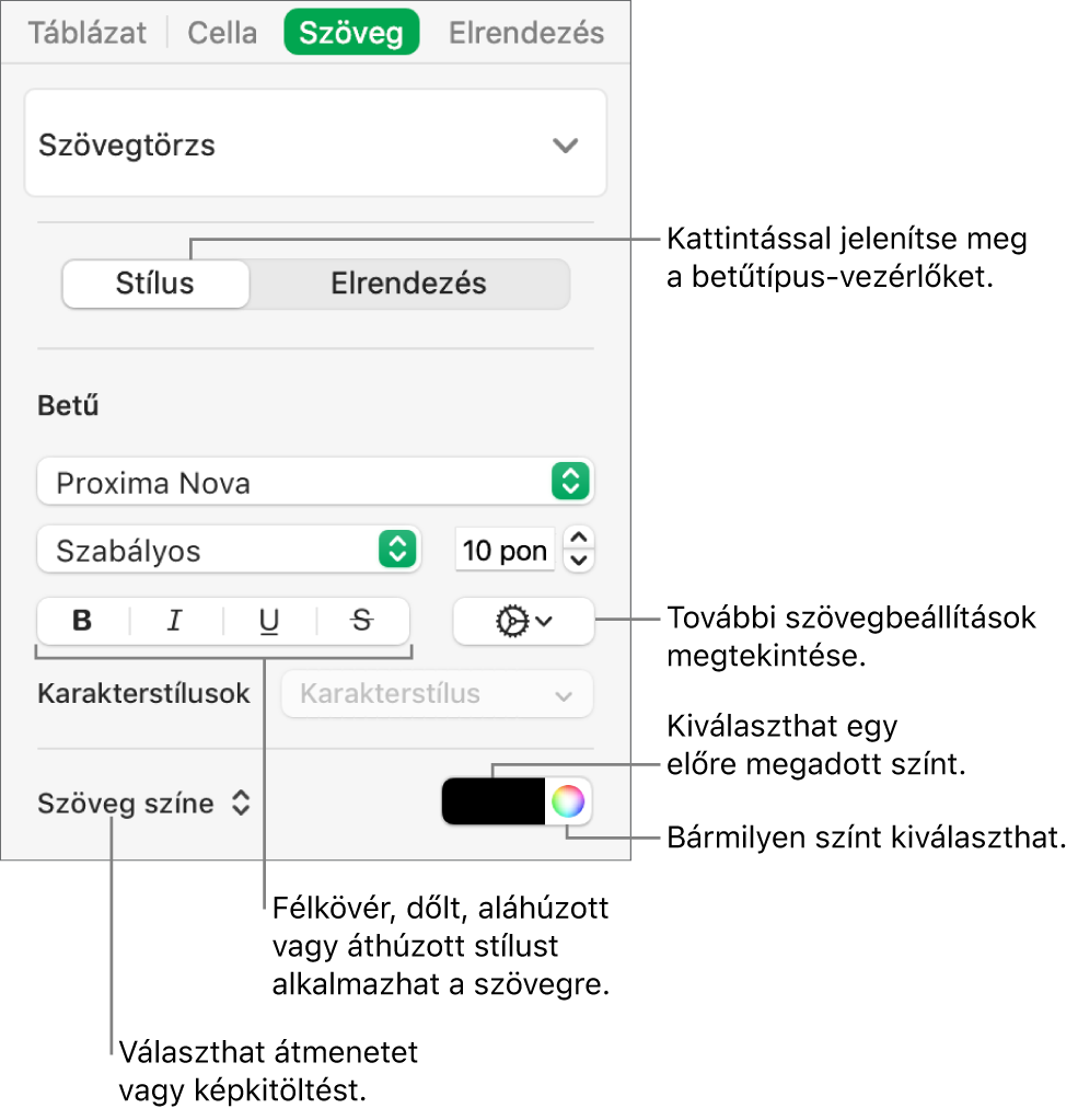 A táblázatszöveg stílusának beállítására szolgáló vezérlők.