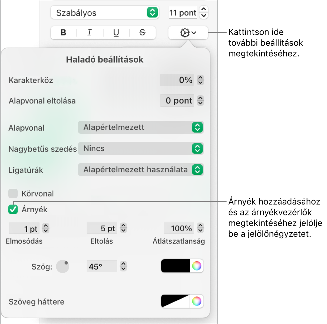 A További szövegbeállítások menü megnyitott állapotban a bejelölt Árnyékok jelölőnégyzettel, valamint az elmosódás, az eltolás, az átlátszatlanság, a szög és a szín beállítására szolgáló vezérlőkkel.