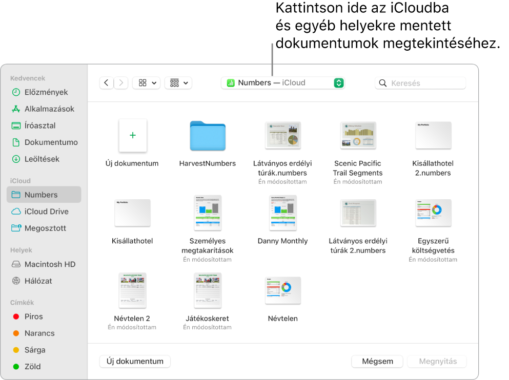 A Megnyitás párbeszédpanel megnyitott oldalsávval a bal oldalon és a felugró menüben kijelölt iCloud Drive-val a felső részen. A Keynote, a Numbers és a Pages mappái megjelennek a párbeszédpanelen az Új dokumentum gombbal együtt.