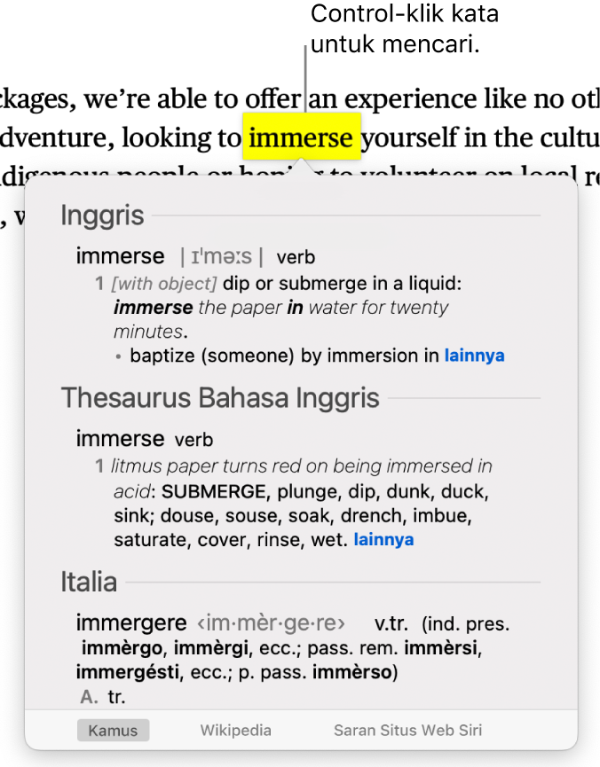 Teks dengan kata yang disorot dan jendela yang menampilkan definisinya dan entri tesaurus. Tiga tombol di bagian bawah jendela memberikan tautan ke kamus, Wikipedia, dan situs web yang disarankan oleh Siri.