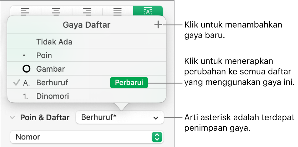 Menu pop-up Gaya Daftar dengan asterisk yang menunjukkan penimpaan dan keterangan pada tombol Gaya Baru, dan submenu pilihan untuk mengelola gaya.