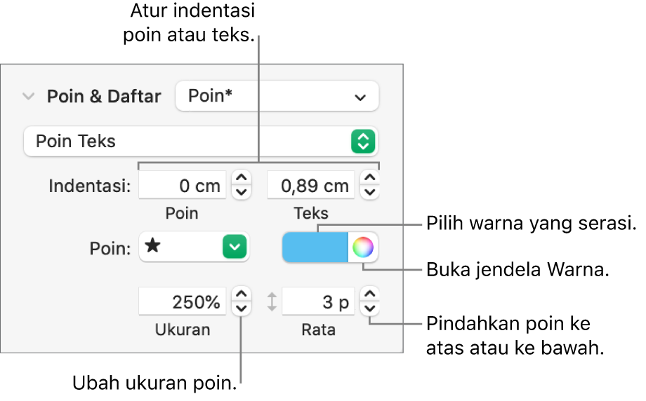 Bagian Poin & Daftar dengan keterangan pada kontrol untuk indentasi poin dan teks, warna poin, ukuran poin, dan perataan.